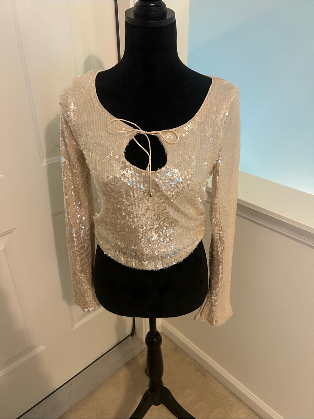 Target Champagne Sequin Keyhole Tie-Front Crop Top